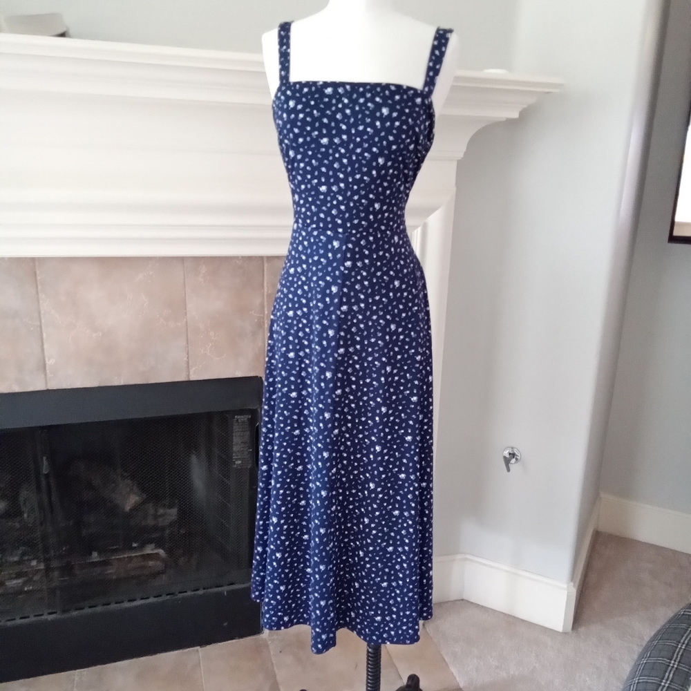 Blue Pleated Midi Sundress with Square Neck
